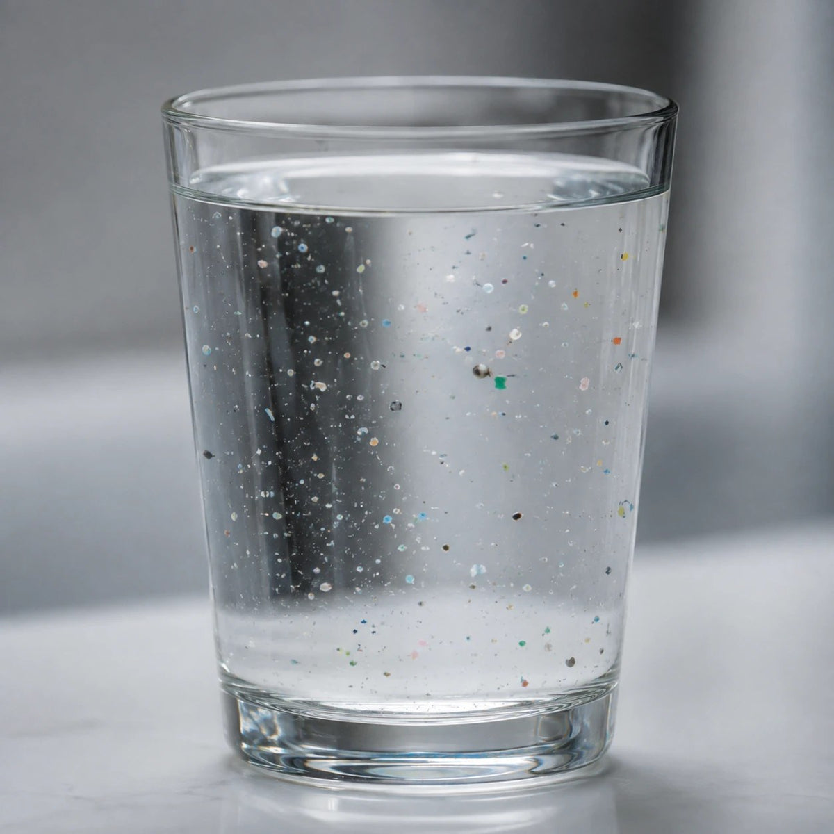 Glas med vatten som innehåller mikroplast och partiklar